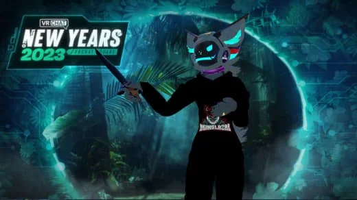 A digital illustration of a humanoid cat character wearing a black outfit, holding a sword, and surrounded by a neon jungle background with the text "New Years 2023" and neon graphics.