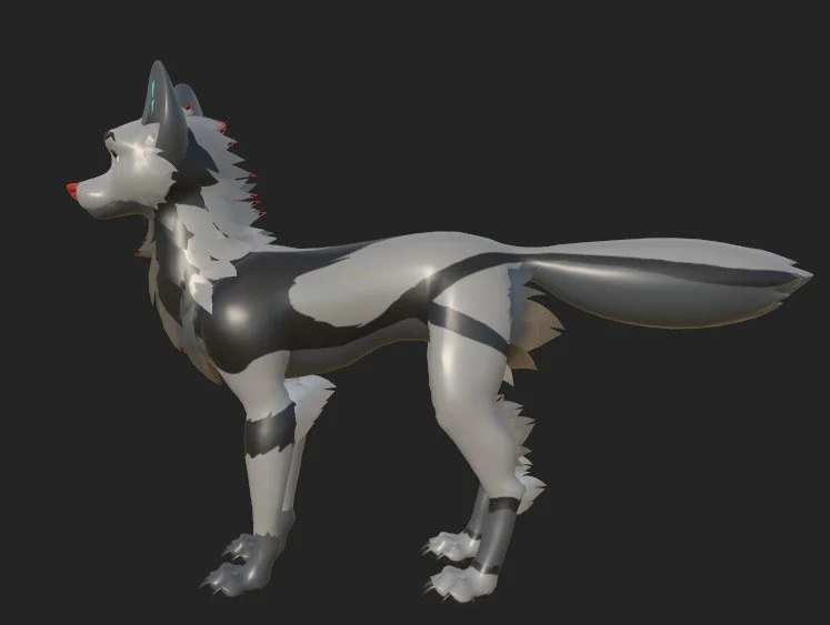 A 3D animated wolf character with gray, black, and white fur, red nose, and fluffy tail, standing against a black background.