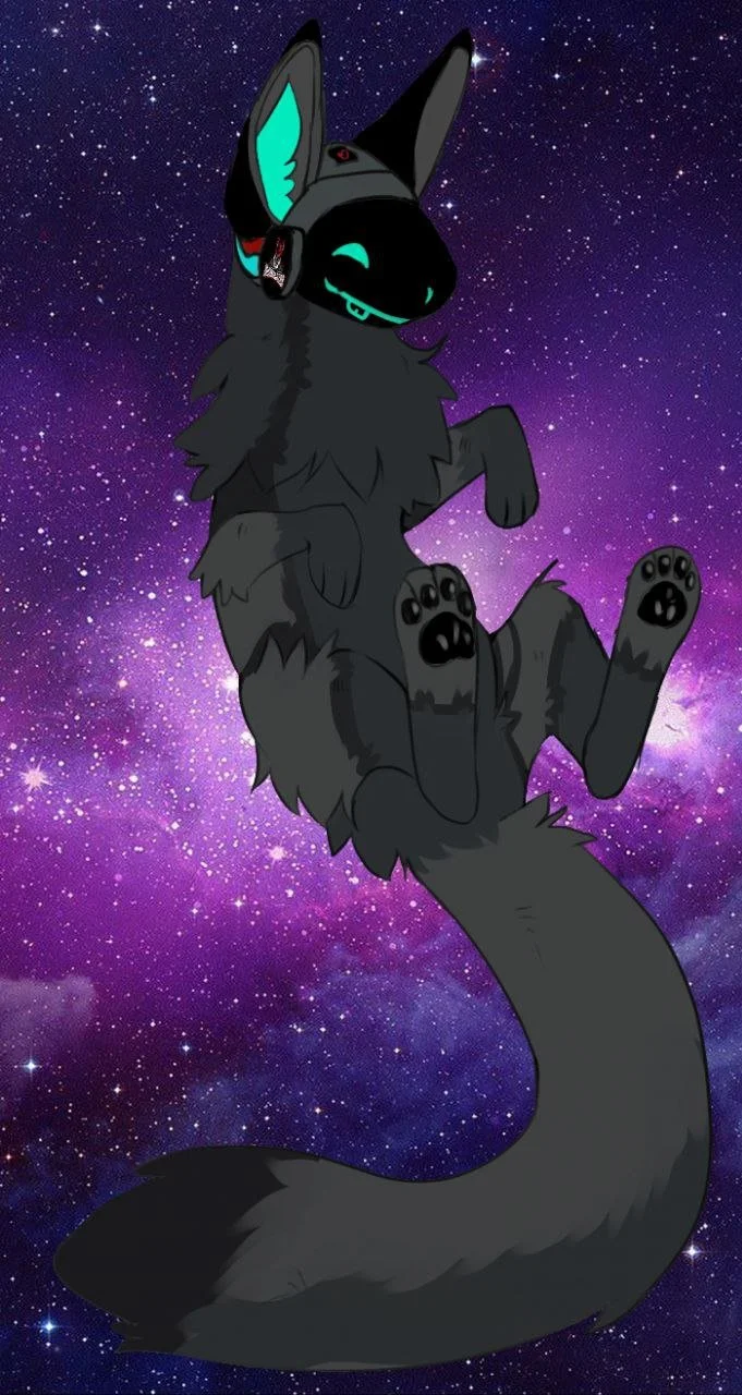 A cartoon fox with a black and gray body, cyan highlights, and a headset, floating in space with a starry purple galaxy background.