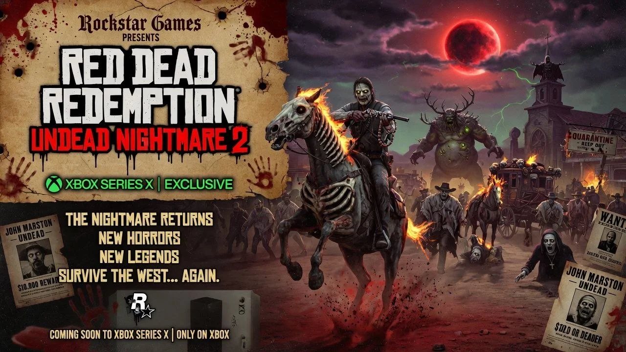 Cover art for the video game Red Dead Redemption: Undead Nightmare 2. The scene depicts a dark, apocalyptic landscape with a red moon in the sky, spooky clouds, and lightning. In the foreground, a man with face paint and a skeleton horse is riding ag