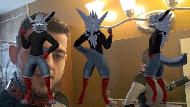 Three anthropomorphic wolf characters with spiky fur, pointed ears, and long snouts, dressed in black shirts, blue jeans, and red striped socks, are superimposed in front of a real person in a room with a beige wall and chandelier. The characters are