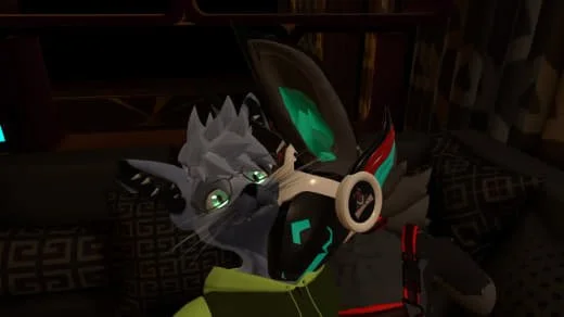 A furry robotic wolf character with glowing green eyes, wearing a headset with a microphone, and a neon green jacket, holding a phone or gaming device.