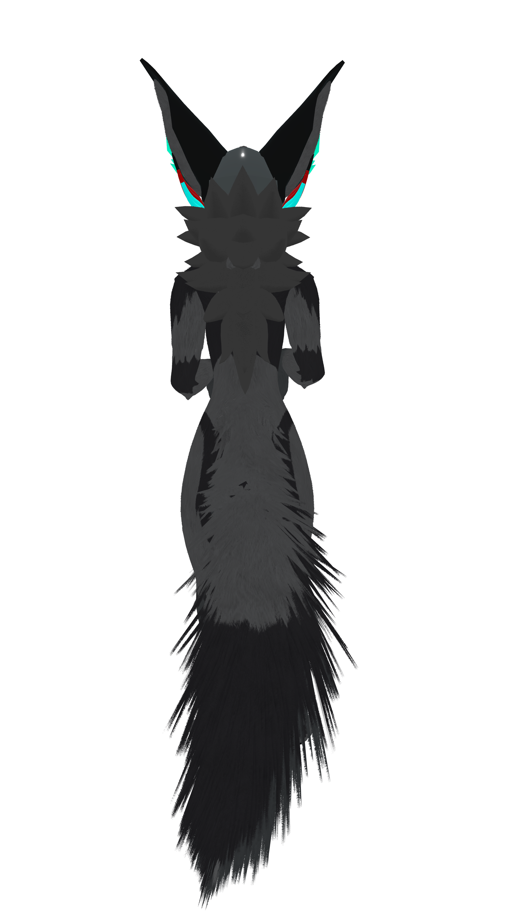 Digital illustration of a wolf with long, fluffy tail, facing forward, with vibrant blue and red markings around ears and eyes, on a black background.