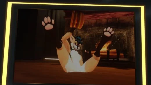 Animated panda hanging upside down, holding a red object, with a park scene in the background.