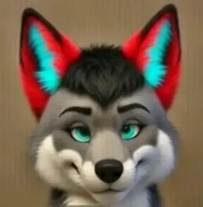 Animated anthropomorphic wolf character with colorful red and blue ears, bright teal eyes, and a smirking expression.