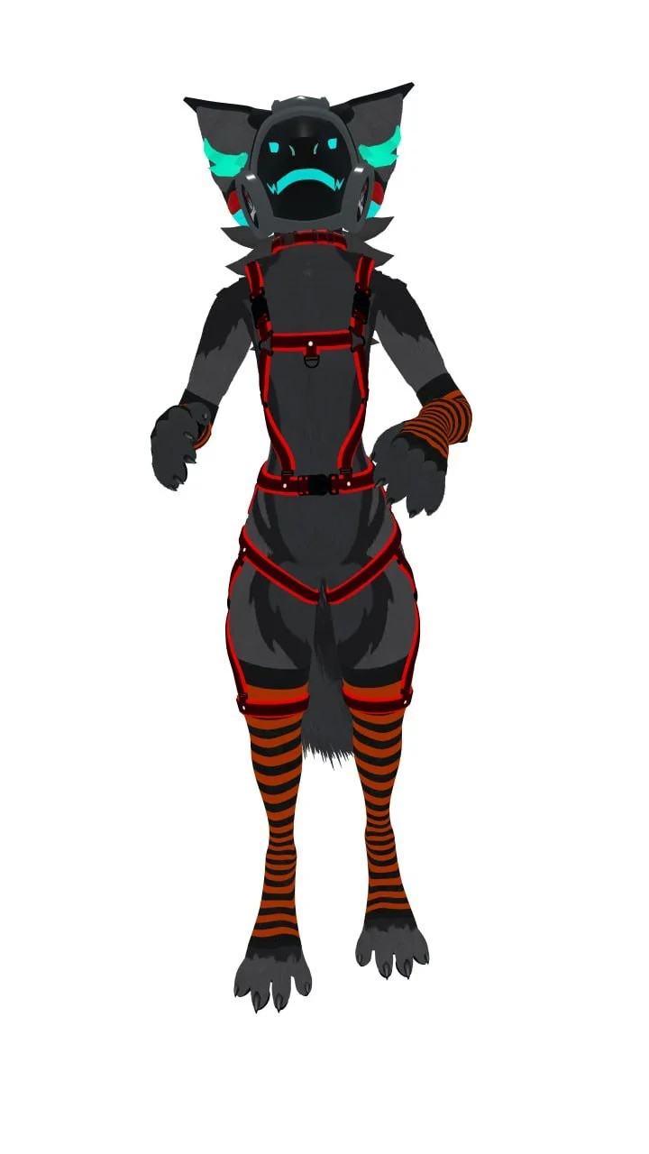 Anthropomorphic wolf character in a black, red, and orange outfit with striped socks, wearing a futuristic helmet with glowing blue accents.