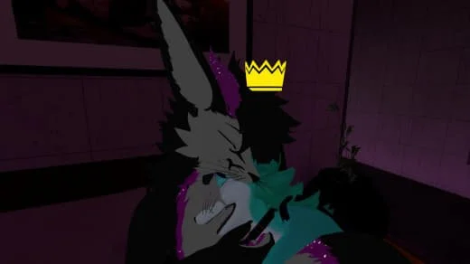 An animated anthropomorphic fox character wearing a crown, with a purple collar, appears to be upset or crying, with tears streaming down their face.