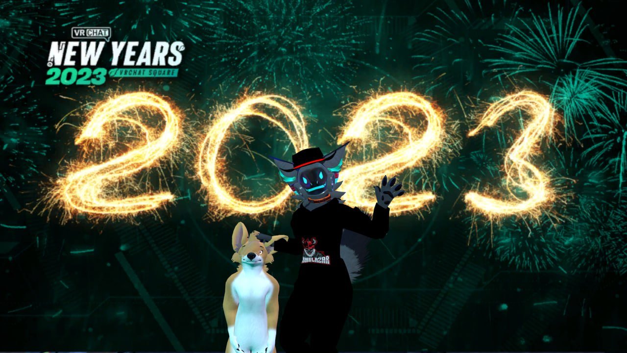 A digital graphic celebrating New Year's 2023 with fireworks, featuring a character with a black hat and a skull face, and a dog standing beside them.