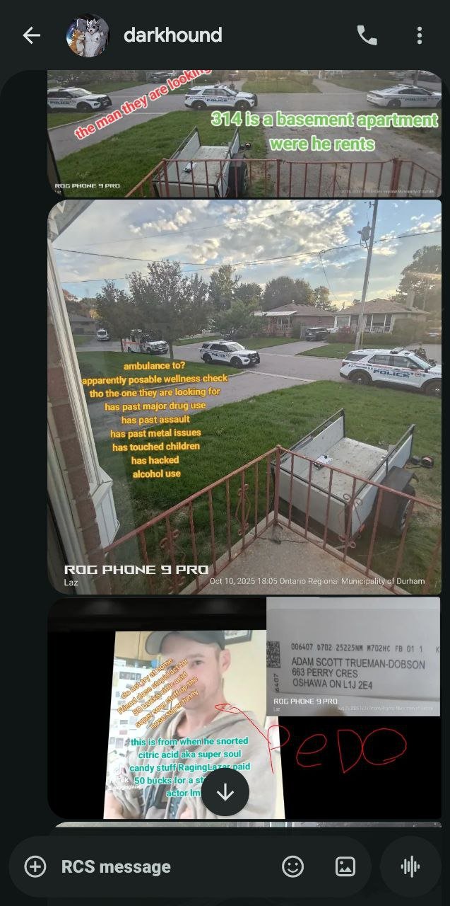 Screenshots of a messaging app showing multiple images and texts, including police cars outside a residential area, a young man, and notes about a basement apartment and police suspicion.