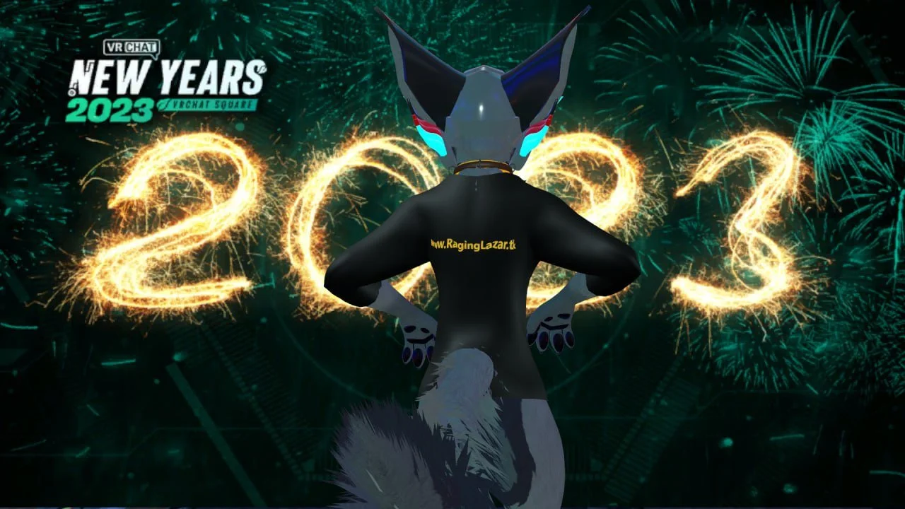 A digital graphic celebrating New Year's 2023 with a cartoon fox character in front of fireworks and the text 'VR Chat New Year's 2023' and 'Vrchatsquare'.