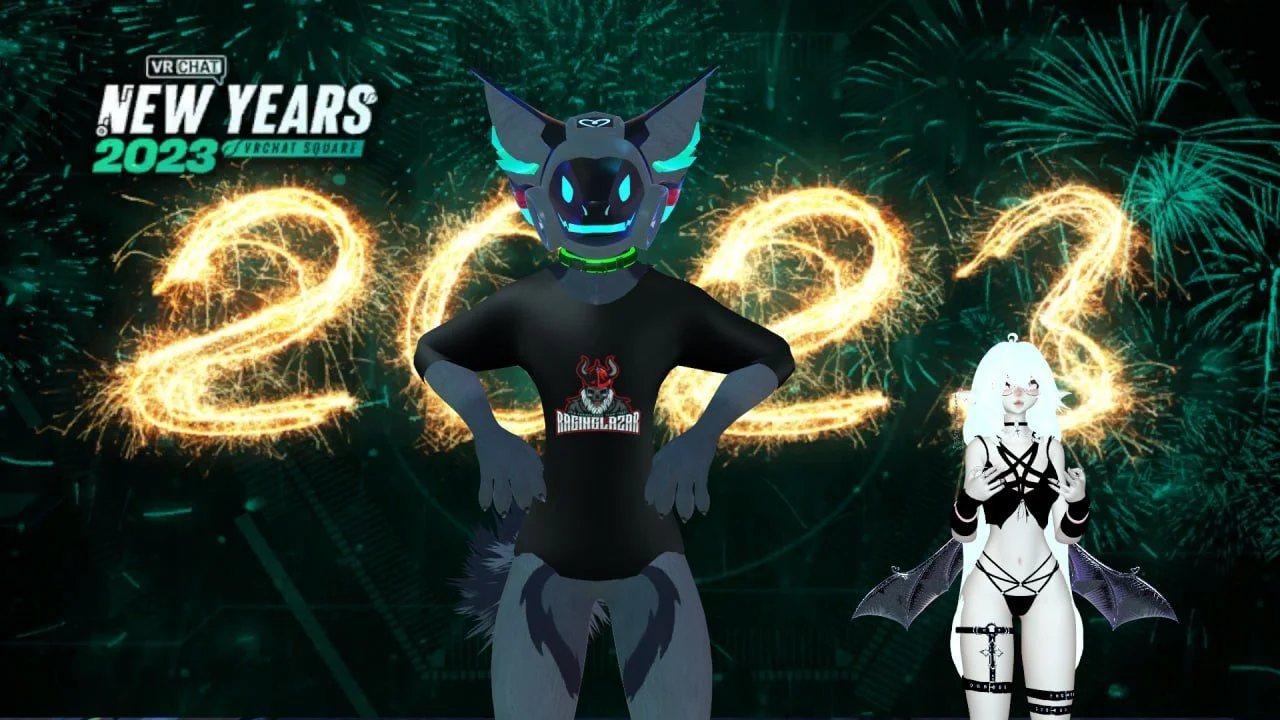 Animation characters celebrating New Year's 2023 with fireworks in the background, featuring a wolf-like character in a black t-shirt and a white-haired girl in black lingerie and wings.