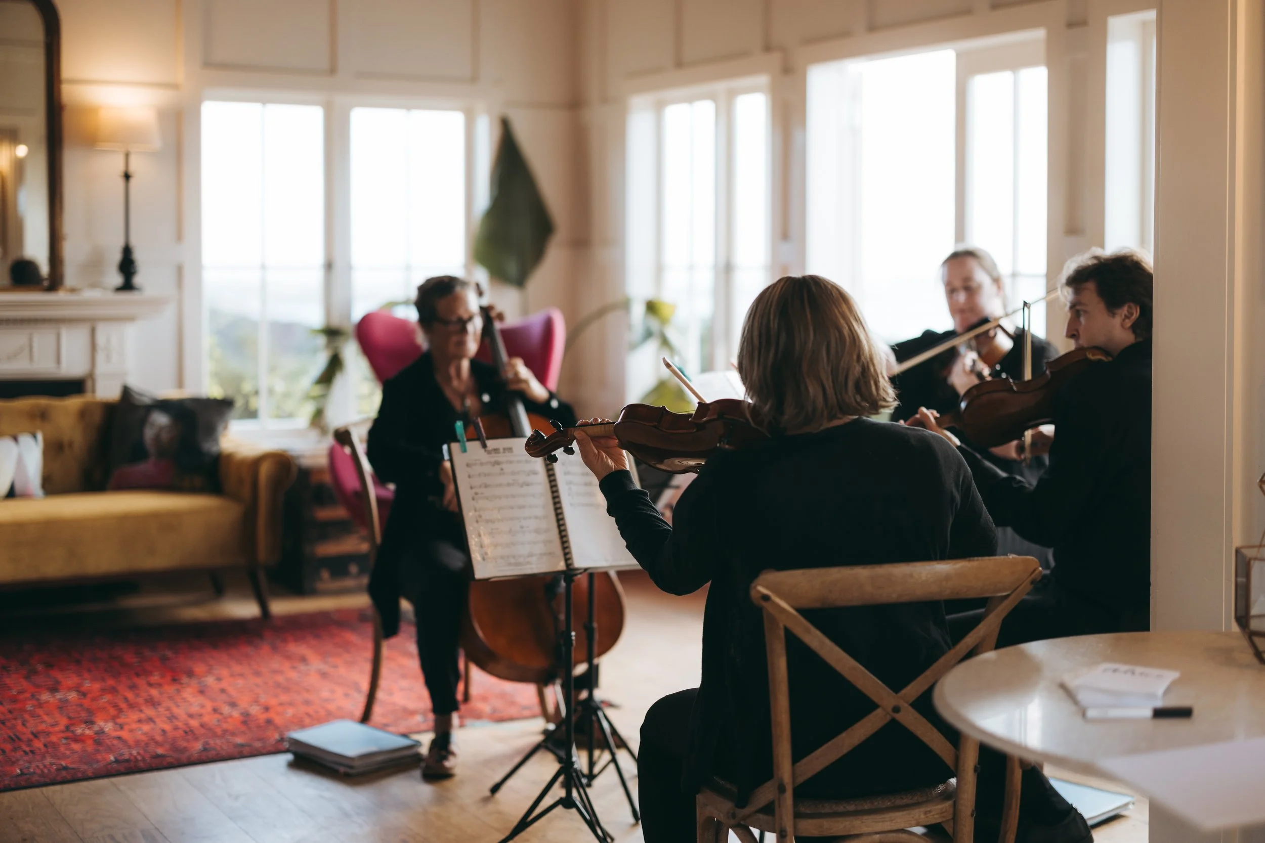A group of four musicians playing string instruments, including a violin and a viola, in a well-lit living room with large windows, a yellow couch with pillows, a bookshelf, and a red patterned rug.