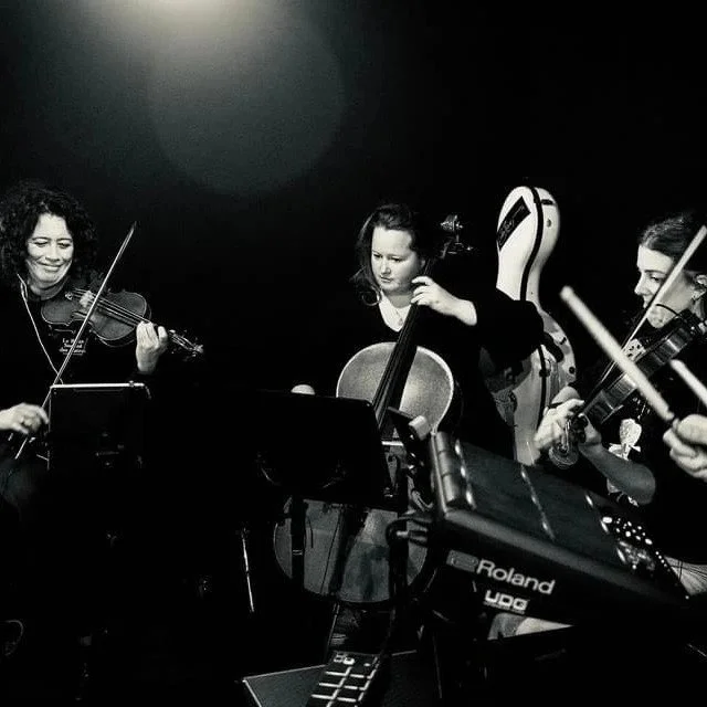 Group of women playing string instruments in a music rehearsal or performance, with music stands and electronic equipment in a dark, indoor stage setting.