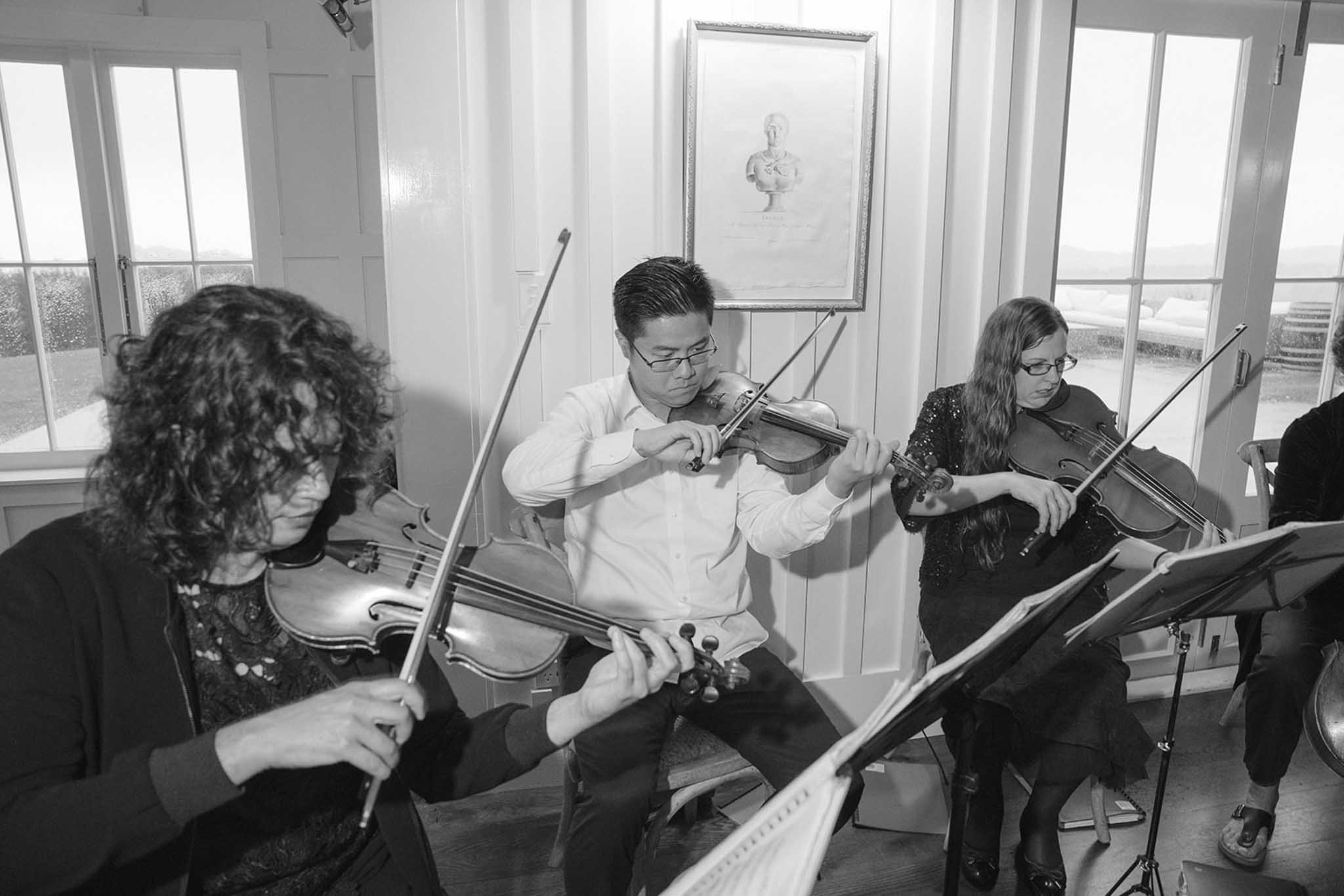 Group of musicians, mostly women and one man, playing violins during a performance in a bright room with large windows.