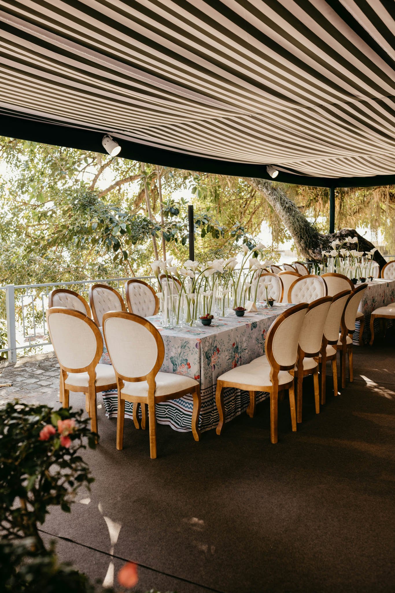 An outdoor dining area with a long table covered with a floral tablecloth, set with glassware and decorative centerpieces. Cream-colored chairs with wooden frames surround the table. Overhead, there is a black and white striped fabric canopy with spotlights, and surrounding trees provide natural greenery.