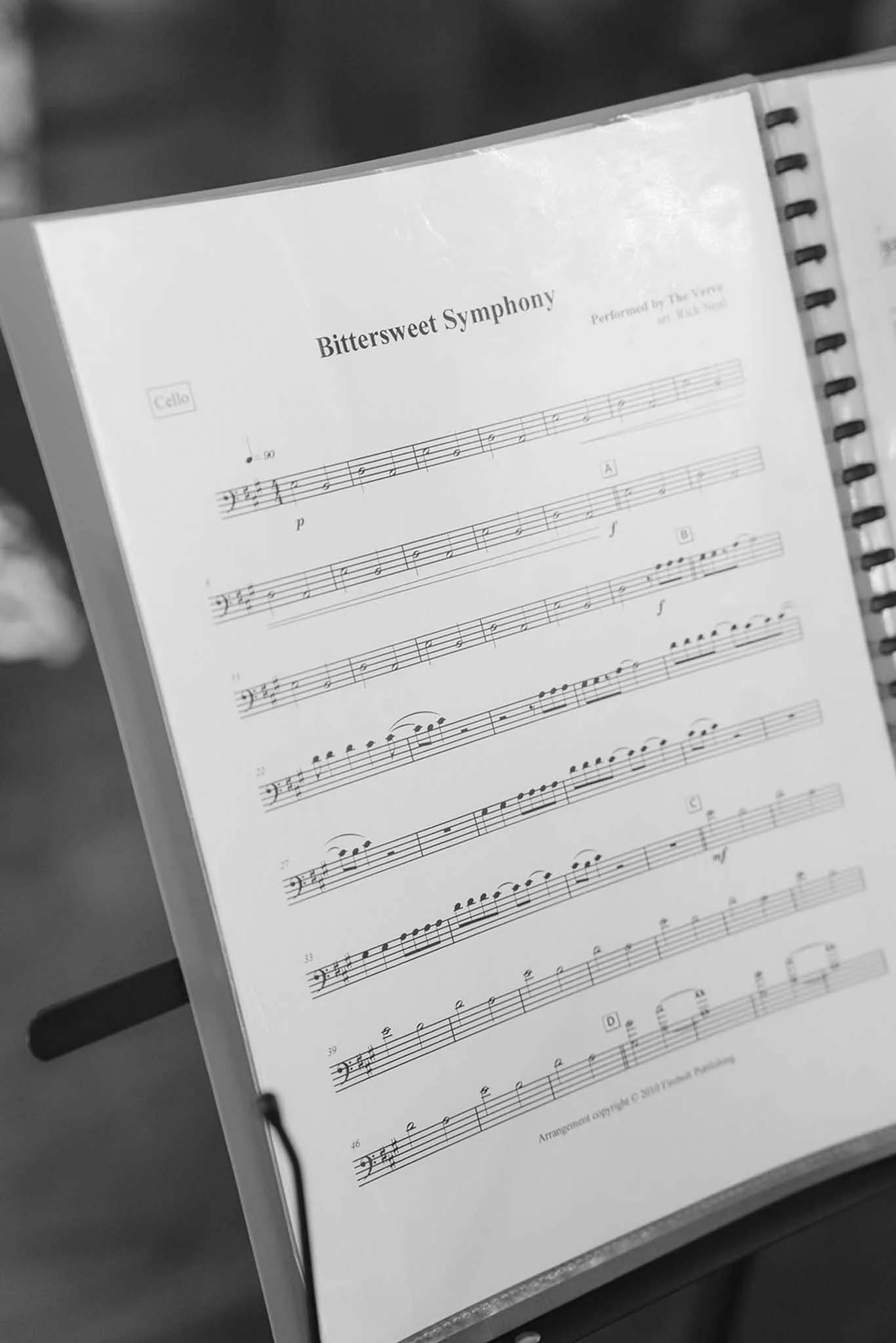 Sheet music titled 'Bittersweet Symphony' for cello, with musical notes and notation.