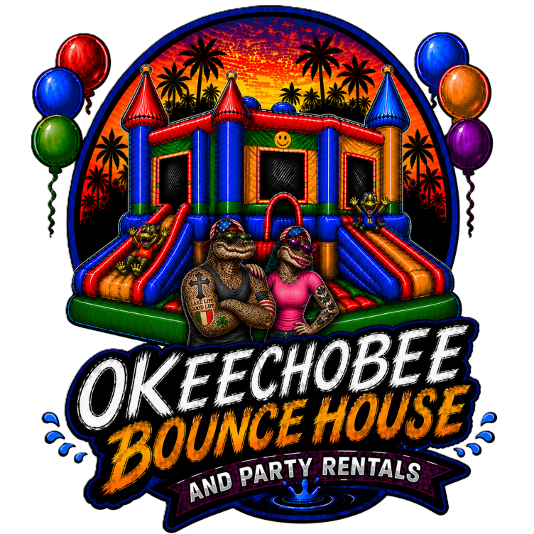 Colorful inflatable bounce house with slides, set against a sunset background with palm trees, surrounded by balloons, featuring dinosaur characters and the text "Okeechobee Bounce House and Party Rentals."