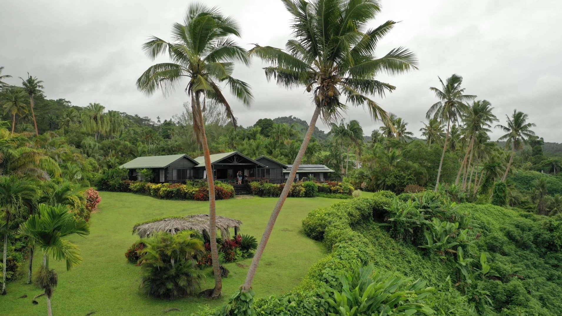 Ucuilagi, Taveuni Island Fiji - A lush tropical backyard with green grass, palm trees, and tropical plants surrounding a dark house with a metal roof
