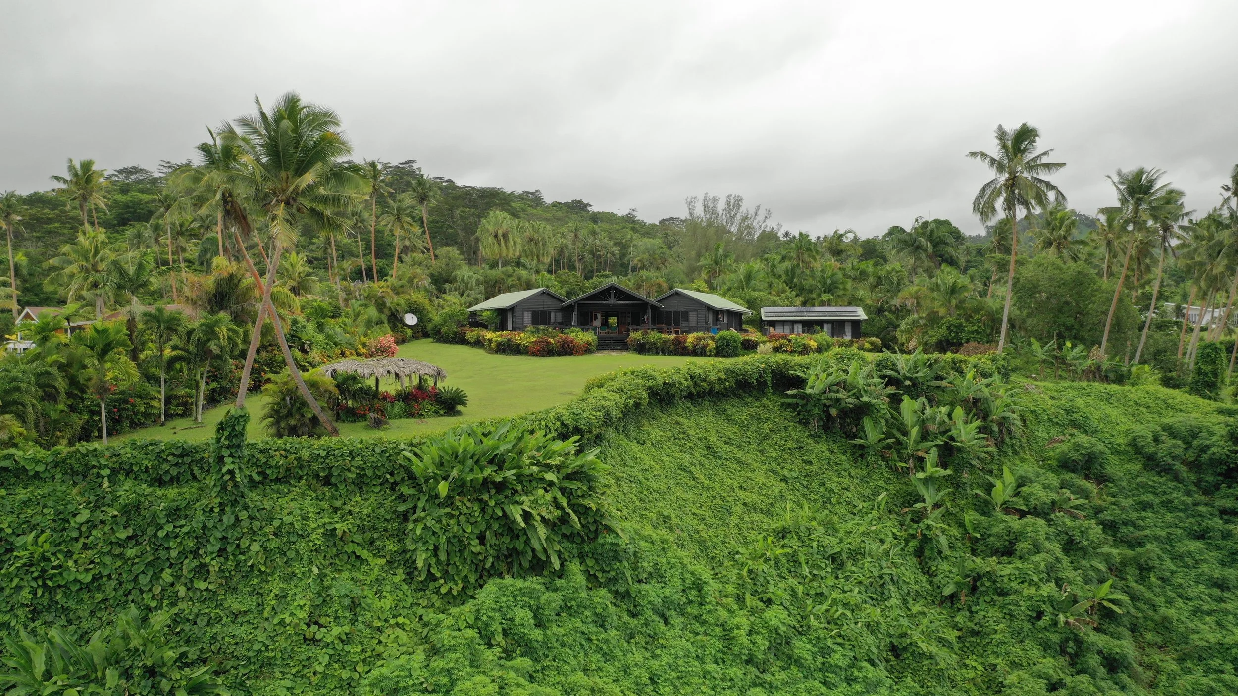 Ucuilagi, Taveuni Island Fiji - A lush green tropical landscape featuring palm trees, spacious, private well-manicured lawn, and black wooden houses, with cloudy skies overhead.
