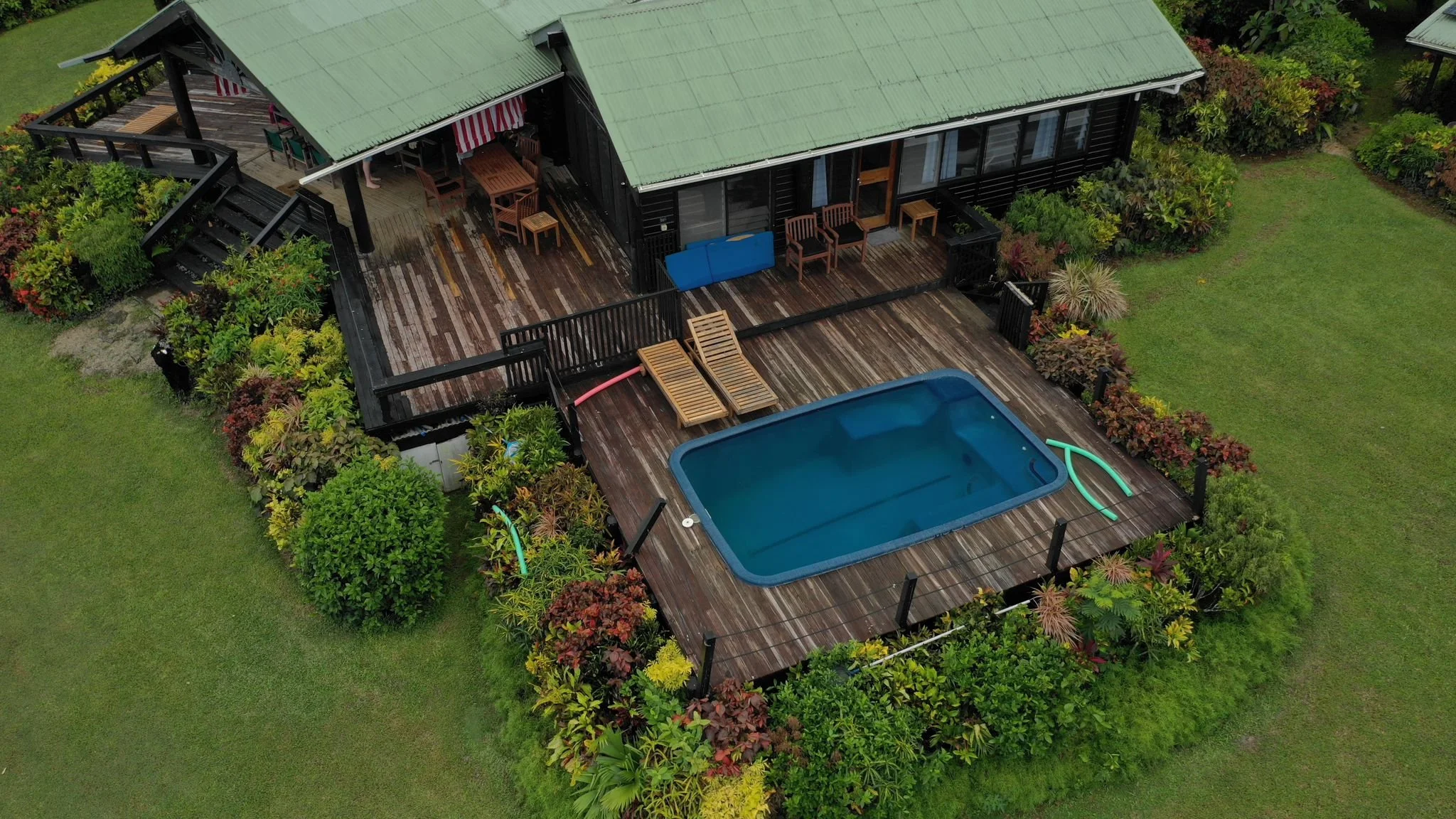 Ucuilagi, Taveuni Island Fiji - Tropical garden with Aerial view of a backyard deck with a swimming pool, surrounded by greenery and plants.