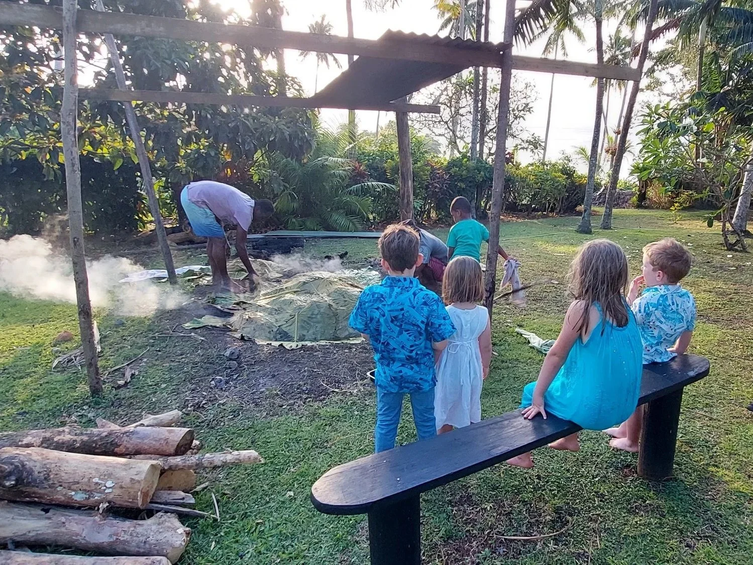 Ucuilagi, Taveuni Island Fiji - Group of children watching adults gather and prepare Fijian meal Lovo covering a small fire with banana leaves in an outdoor tropical garden setting.