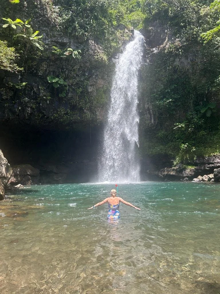 Person with swimwear and snorkeling gear swiming at Bouma National Park Taveuni Island. They are standing in a pool of water, facing a waterfall in a lush, green forest.