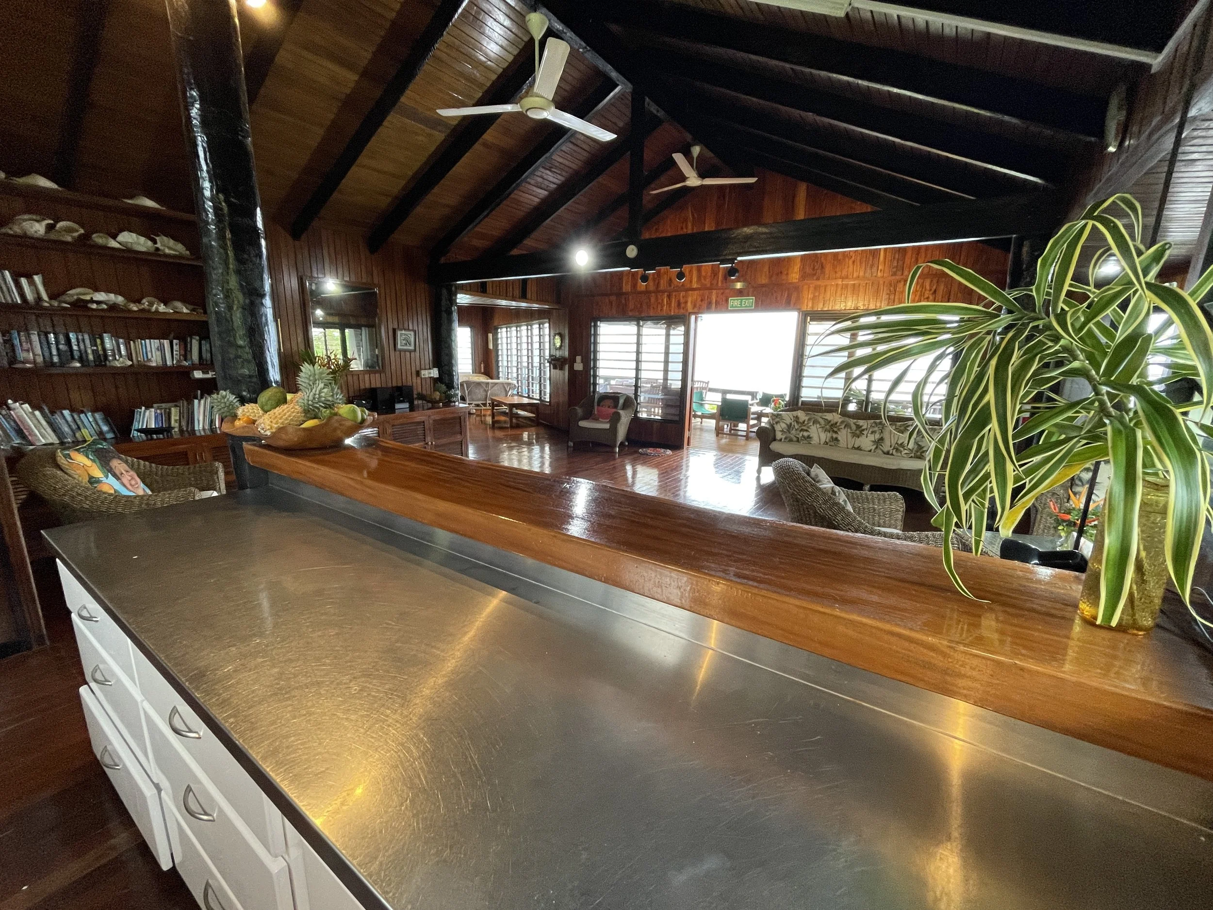 A spacious interior of a wooden house with a high vaulted ceiling, ceiling fans, large windows, and a variety of furniture including sofas and bookshelves. A large plant is visible in the foreground, and a fruit bowl with pineapples and other fruits 