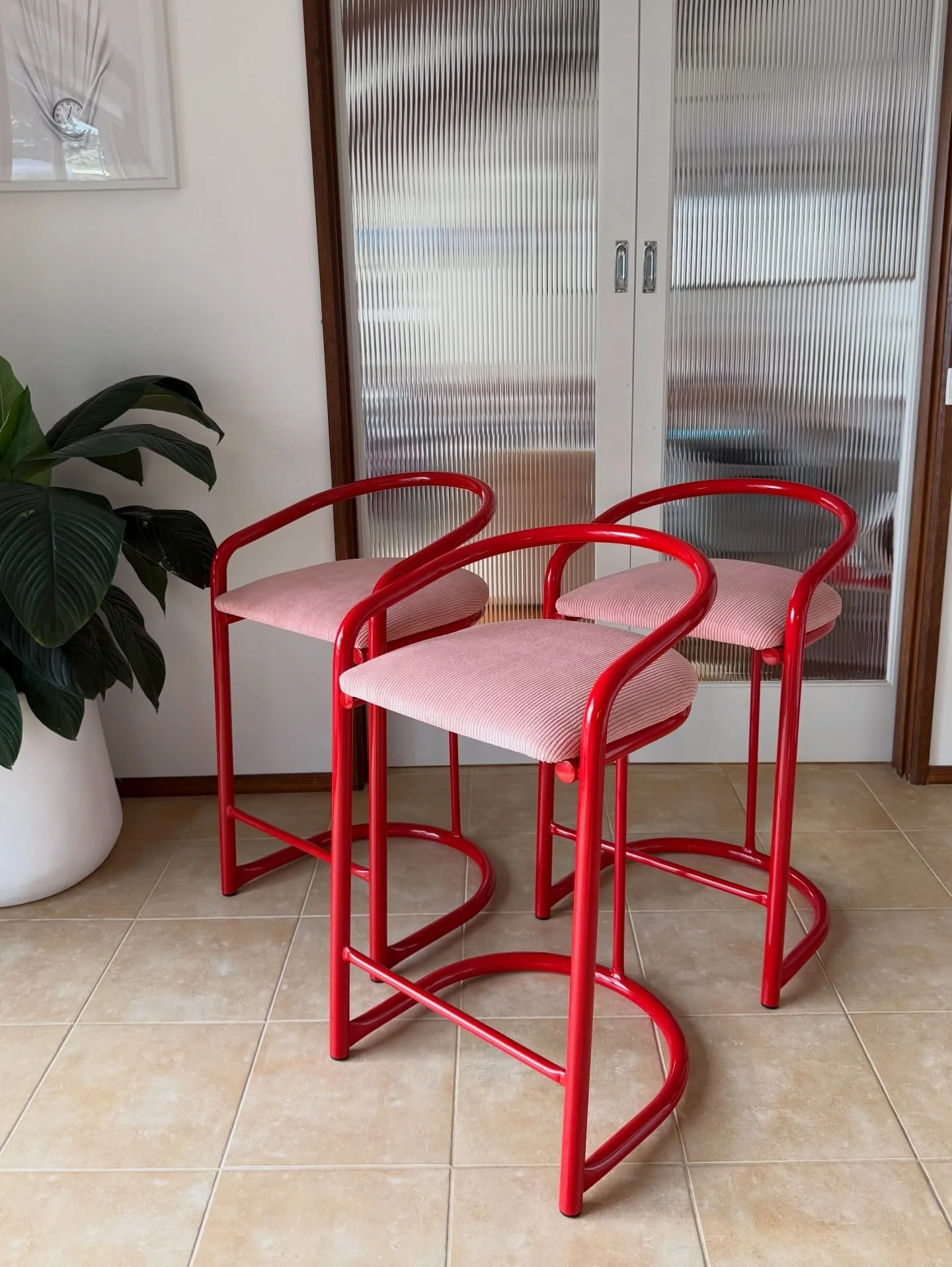 SOLD - 3x Red/Pink Tubular Stools. 

Bright red powder coated tubular frames with soft pink corduroy upholstery ready for their next home 😍

Dimensions: 520w x 510d x 870h 
680h seat height.