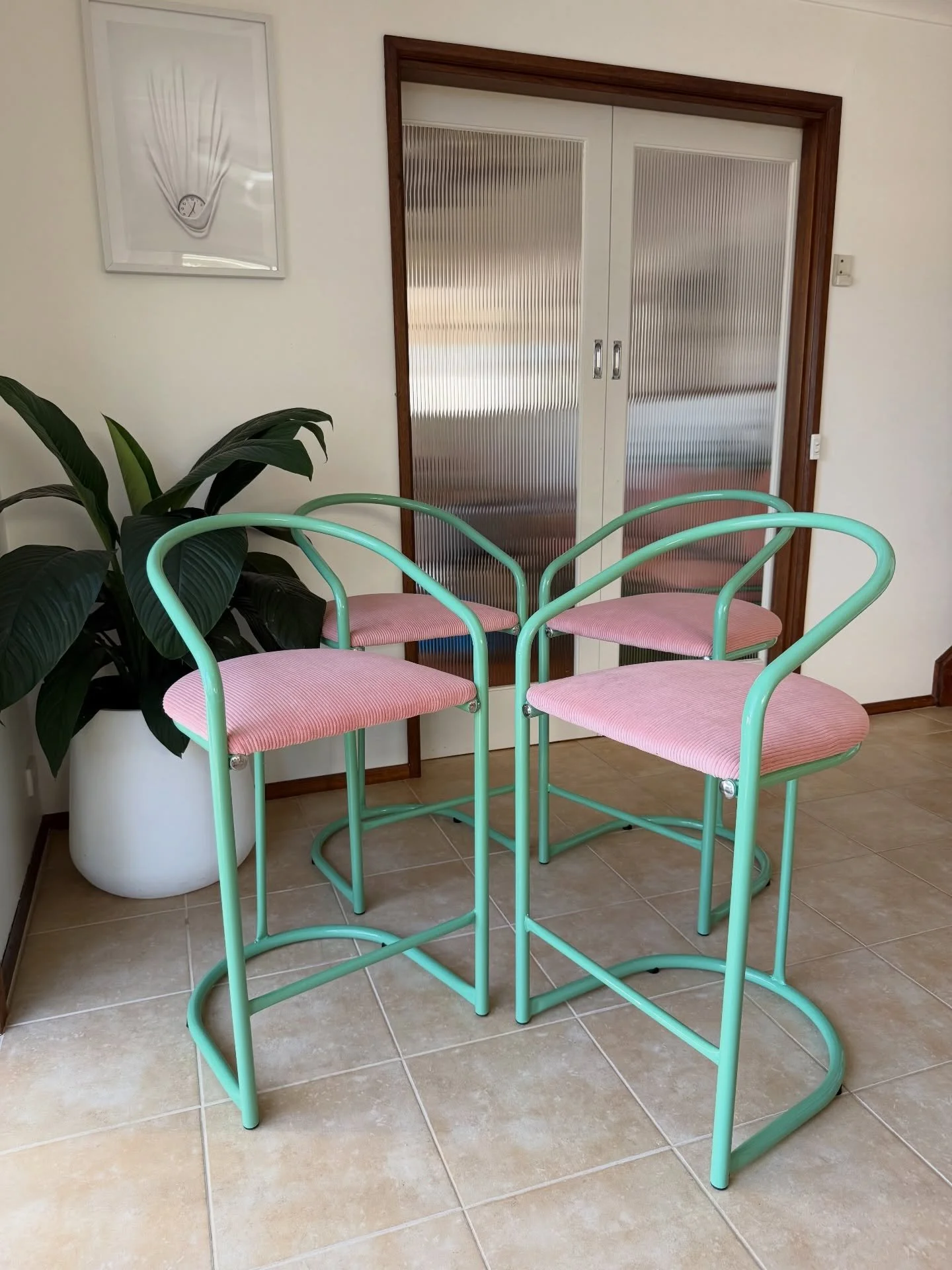 AVAILABLE - 2x Green &amp; Pink curved back stools.

Mint green powder coated tubular steel frames with fresh pink corduroy upholstery 🩷💚

Dimensions: 500w x 490d x 920h (650 seat height)

Price: $250 per stool, selling in pairs.

Cash only, pickup