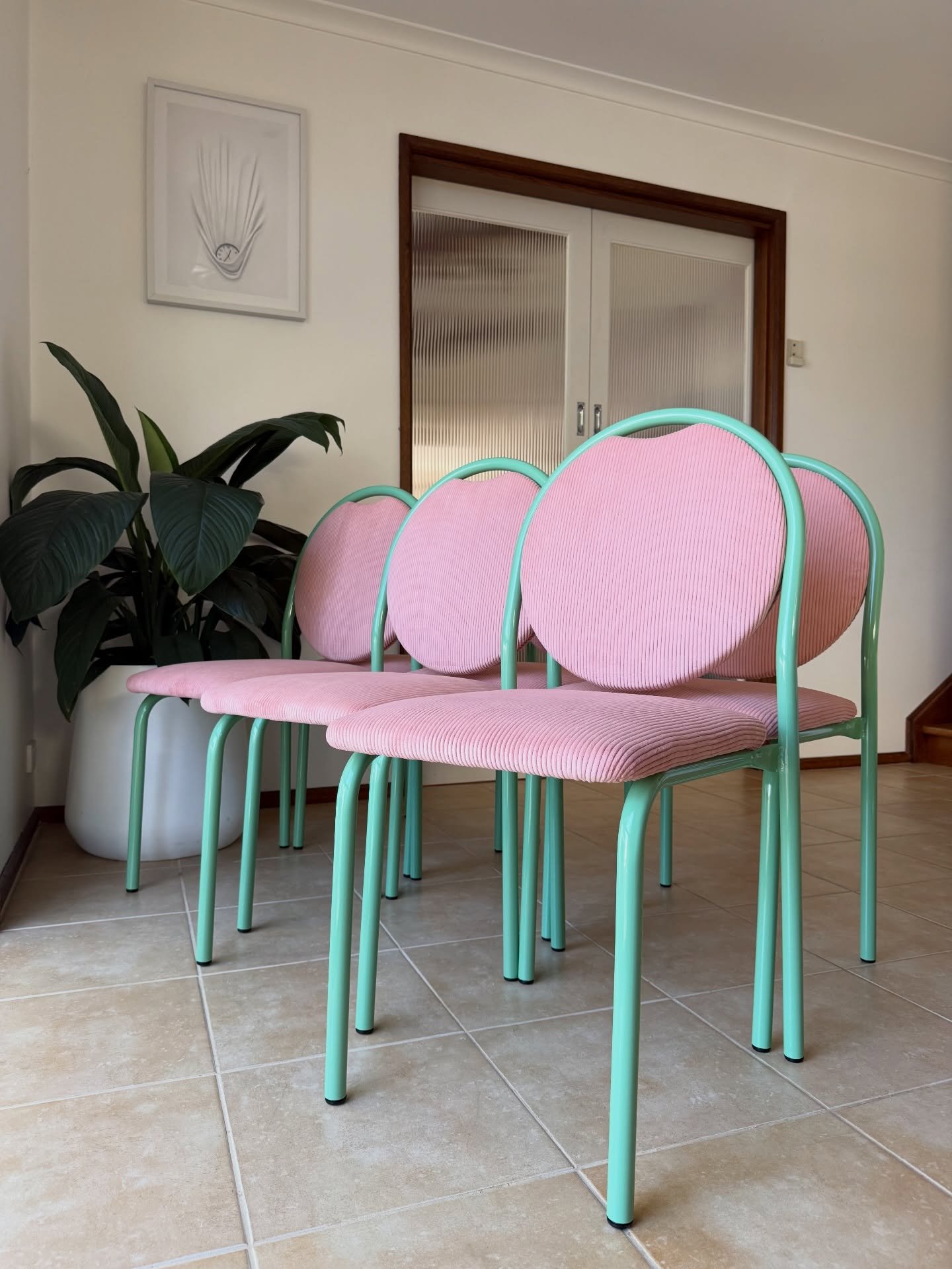 AVAILABLE - 5x Tubular steel framed stacking chairs with mint green powder coated frames and contrasting light pink corduroy upholstery. Pink and green 2 tone combinations for one of the more tastier style chairs we&rsquo;ve done 🩷💚

Dimensions: 46