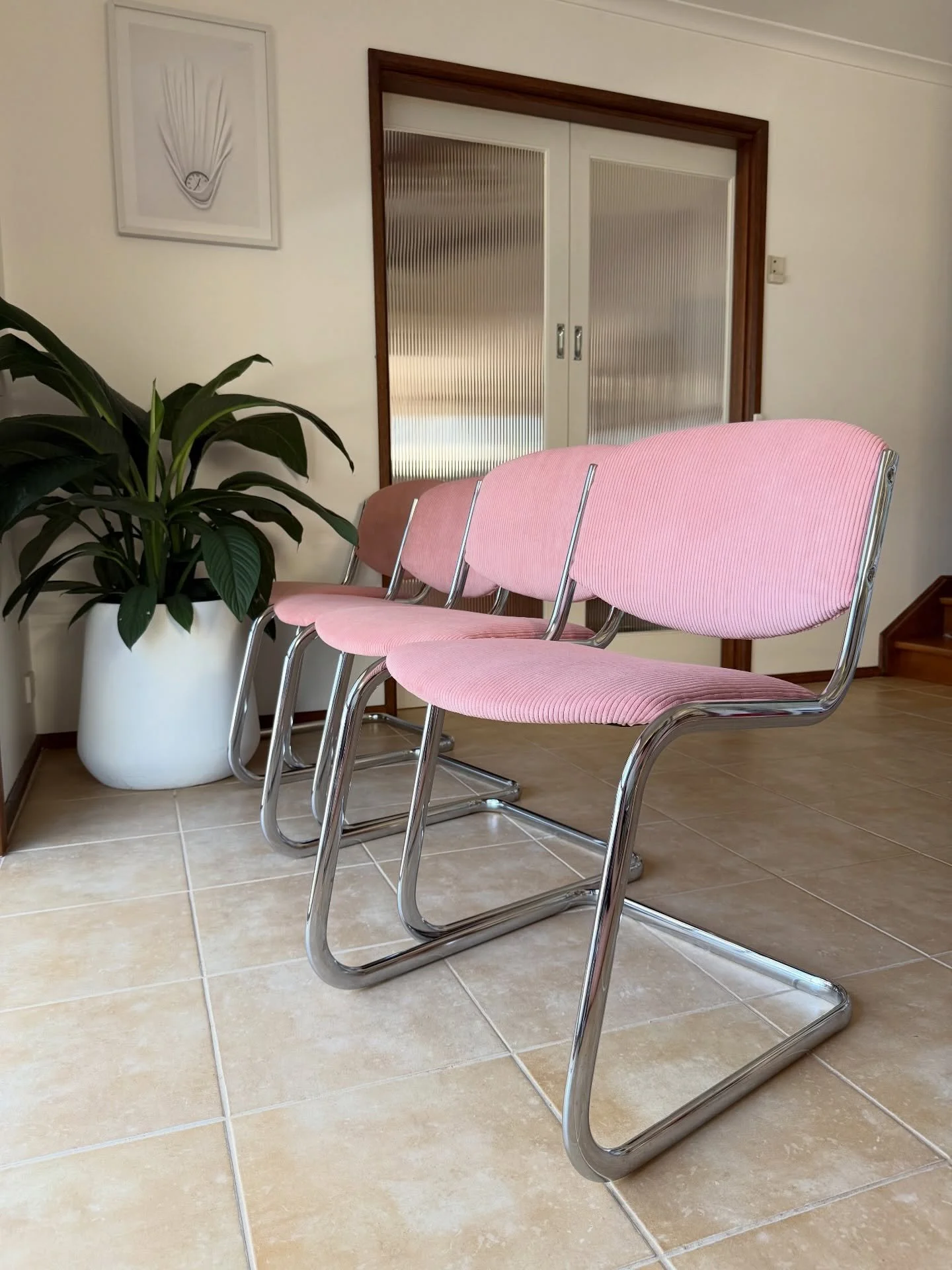 SOLD - 5x Vintage chrome frame cantilever chairs with fresh pink corduroy upholstery, ready for their new home with ultimate vibes! 

Dimensions: 500w x 600d x 790h. 
470h Seat height.