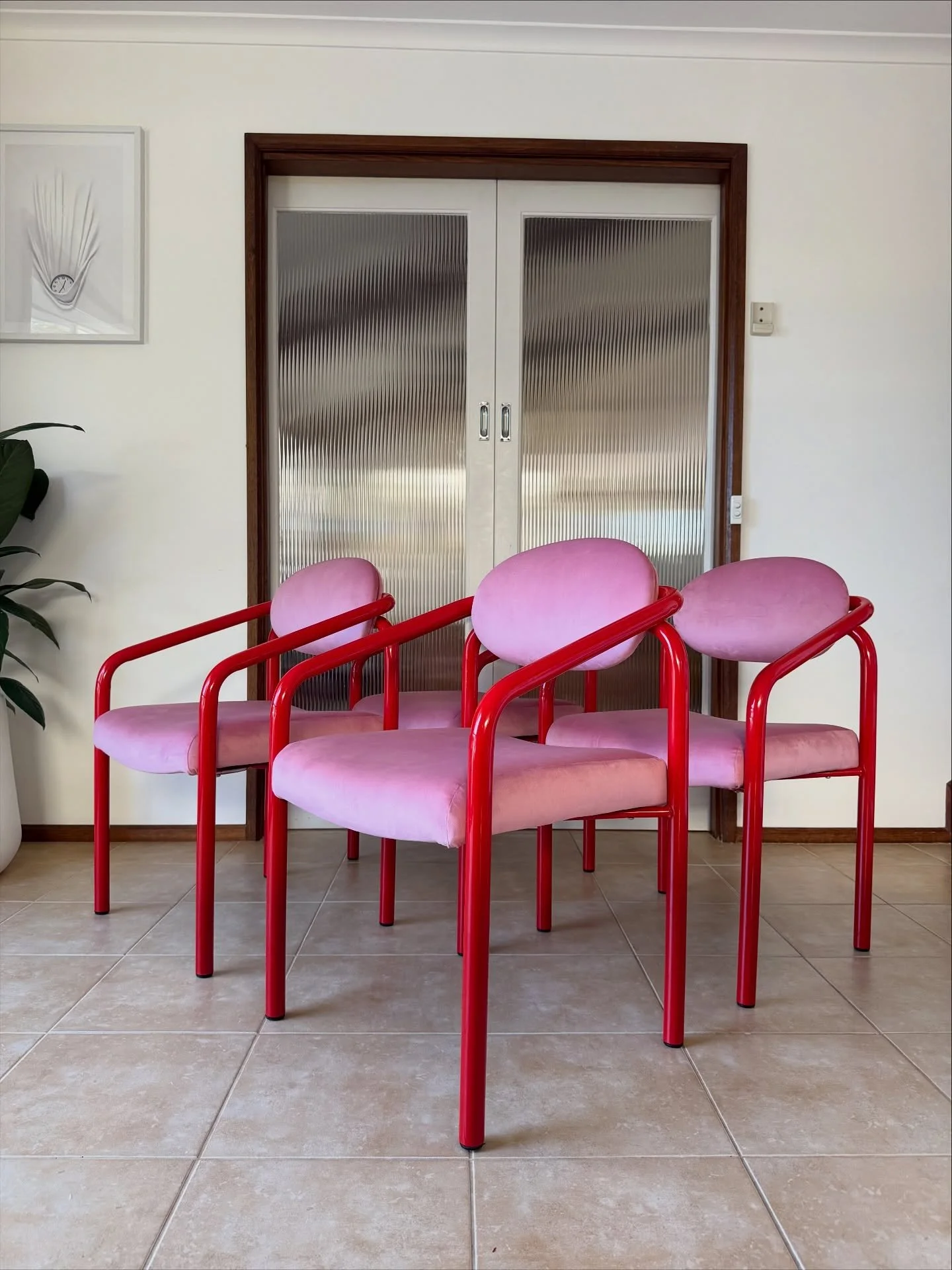 SOLD - 4x Vintage Red/Pink NAMCO chairs. 

Bright red powder coated steel frames and pink velvet upholstery. Straight and angled lines of the frame along with oval shaped backrest give off Memphis vibes in a vibrant way. 

Dimensions: 530w x 530d x 8