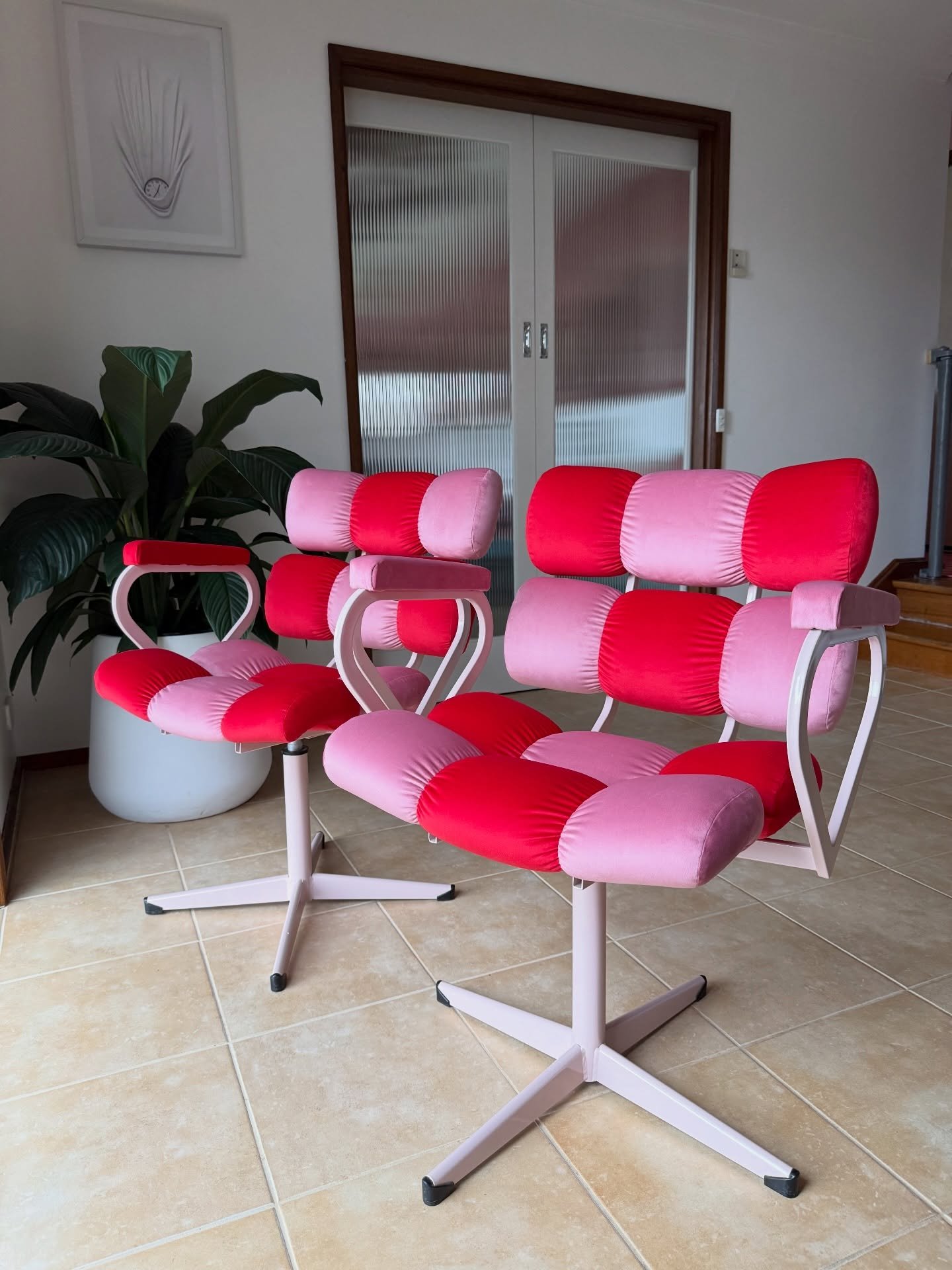 AVAILABLE - 3x Pink/Red checkered bubble swivel chairs with fresh pink powder coated frames, reupholstered in our favourite pink &amp; red velvet upholstery. 

Our favourite &amp; most requested chair is back 😍

Dimensions: 640w x 640d x 840h (490h 