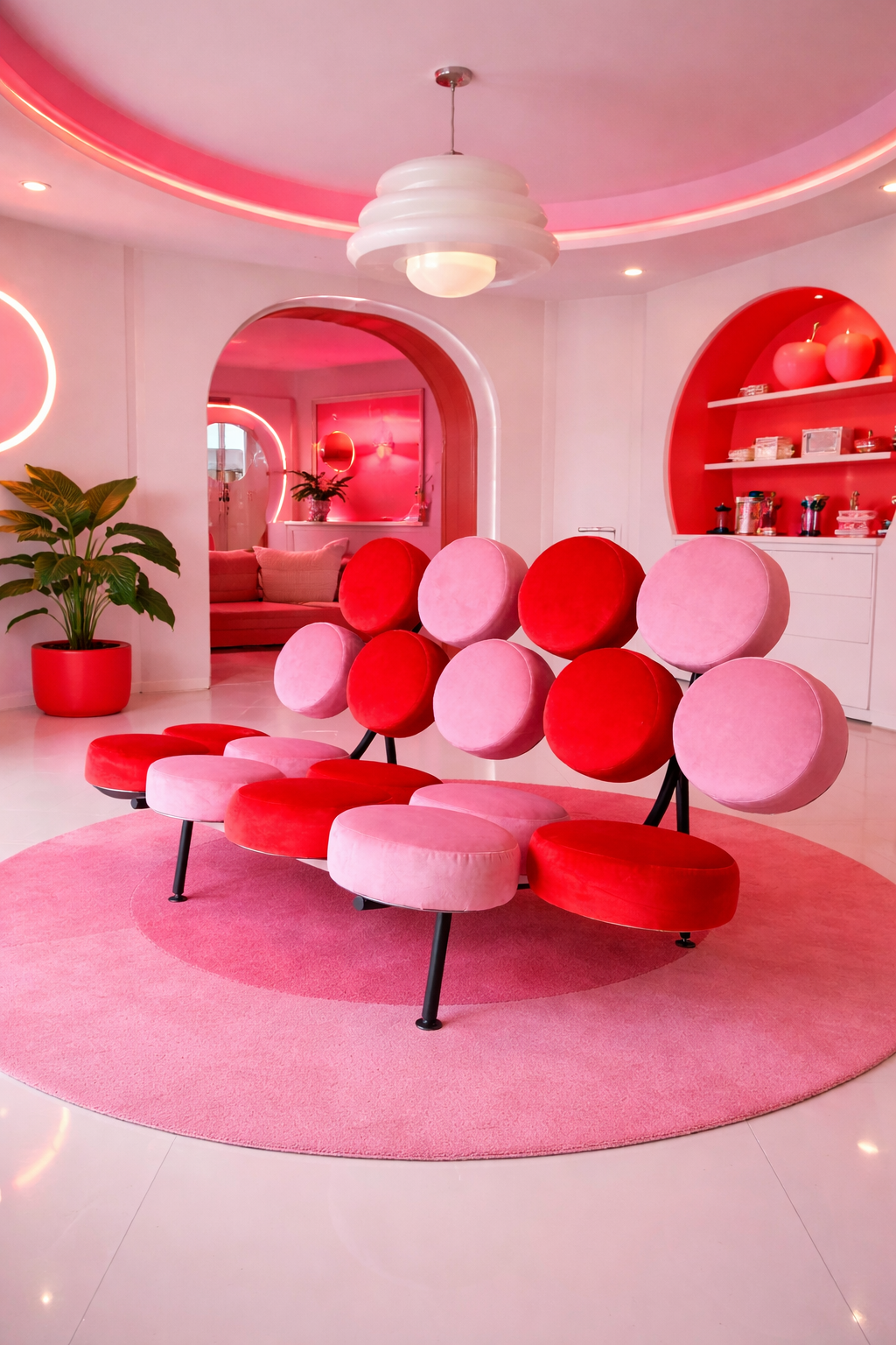 Interior of a room decorated in pink and red with modern furniture, including a unique multicolored circular sofa on a pink rug, a large potted plant in a red pot, and built-in shelves with decorative items.