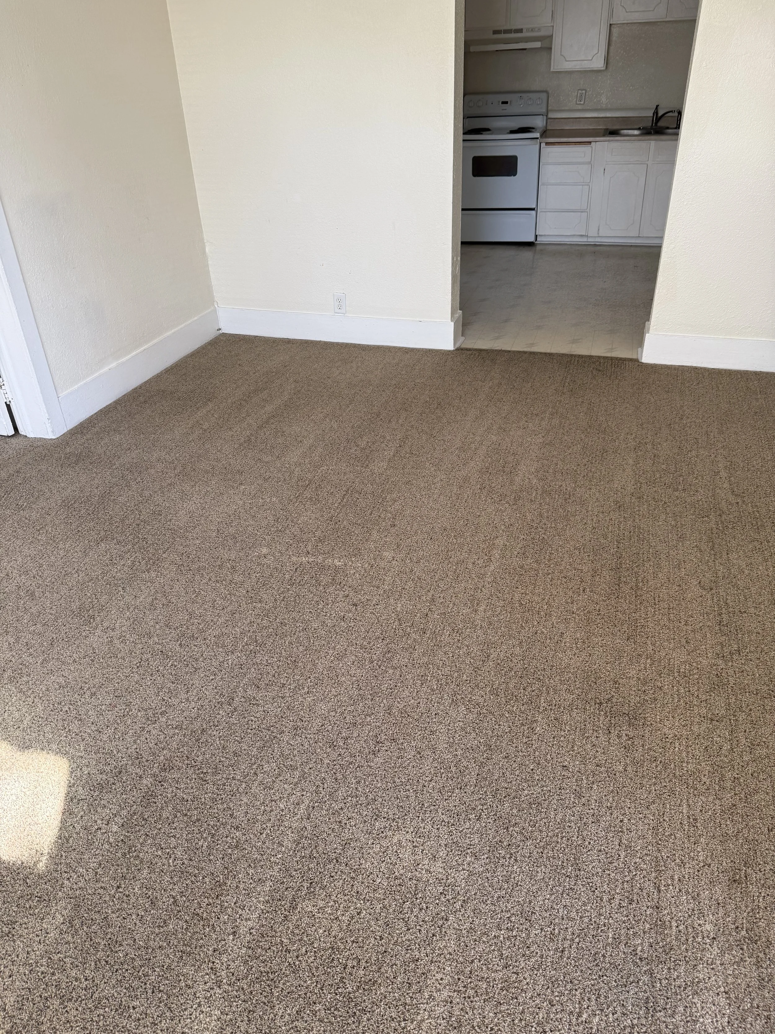 Empty room with beige carpet, white walls, and a view into a kitchen area with white cabinets and appliances.