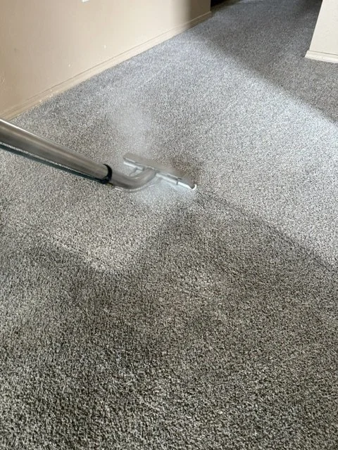 A carpet cleaning machine being used to clean a gray carpet in a room.