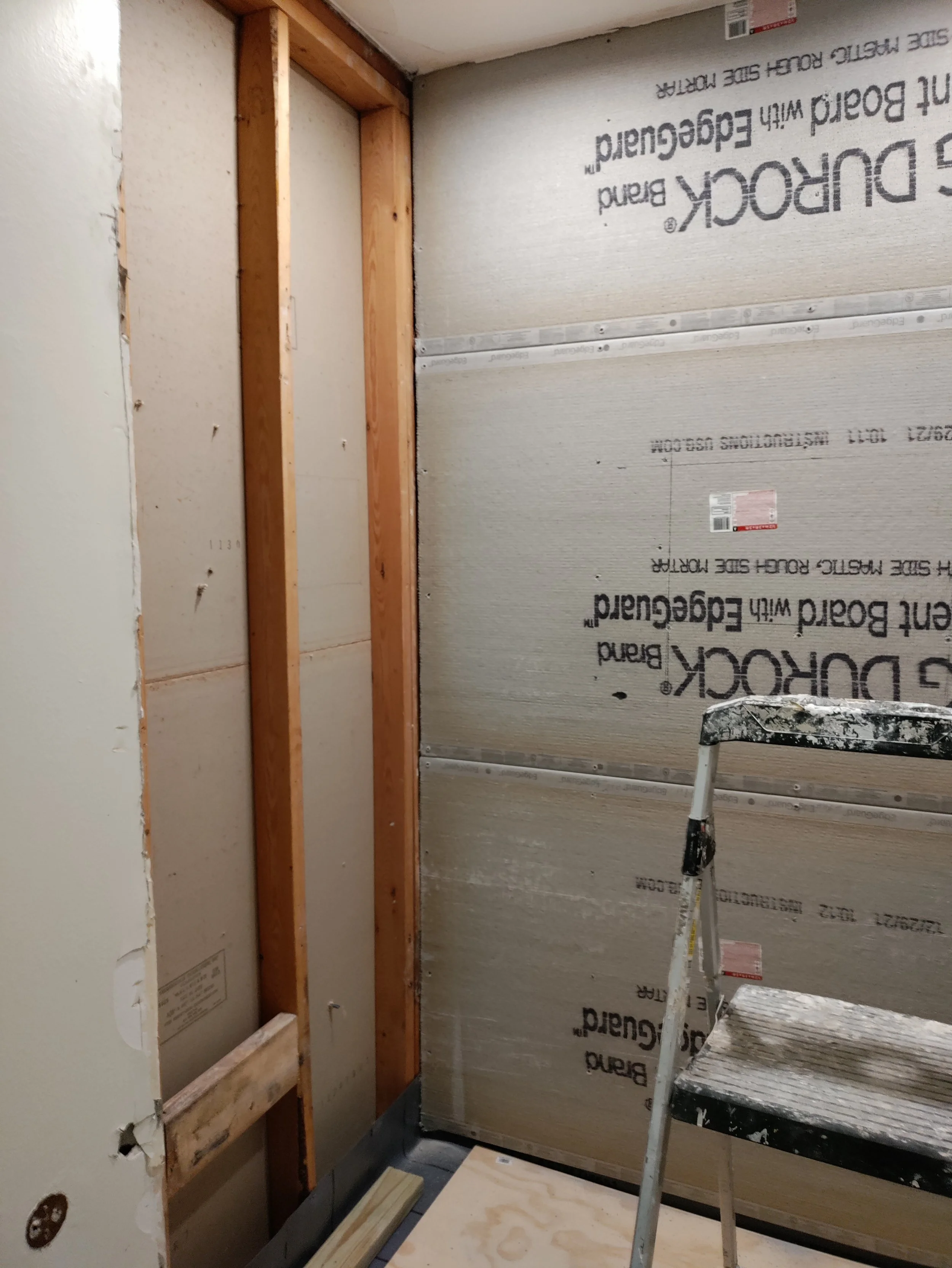 Cement board installation for walk-in shower renovation