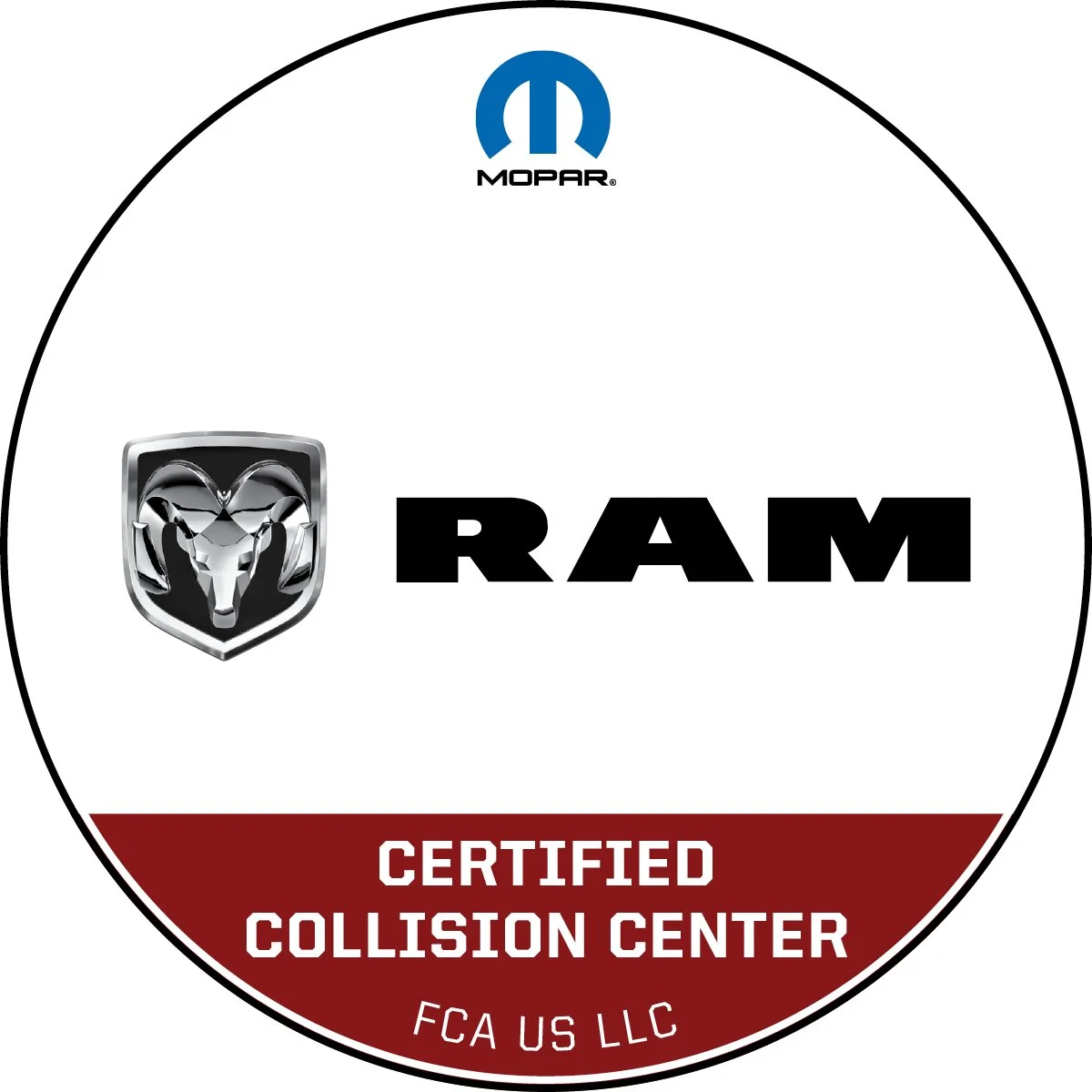 Logo for RAM Certified Collision Center with Mopar and FCA US LLC branding.