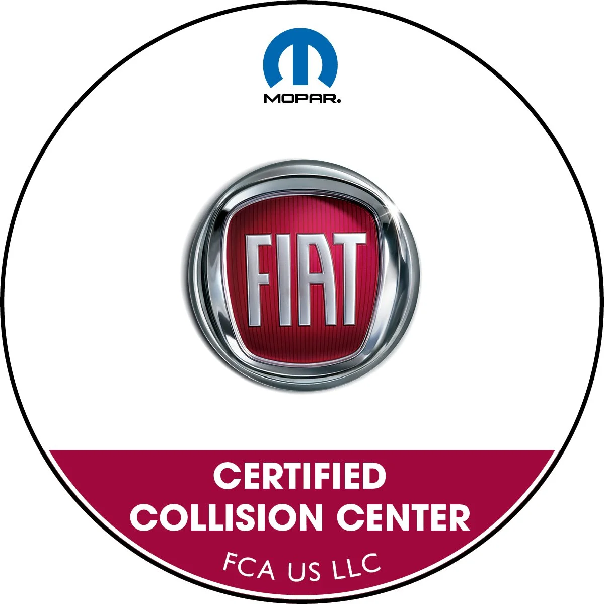 Round badge with the Fiat logo at the center, the words 'Certified Collision Center' and 'FCA US LLC' at the bottom, and the Mopar logo at the top.