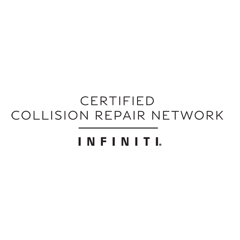 Logo with a triangle and a circle, and text: 'Certified Collision Repair Network Infiniti'