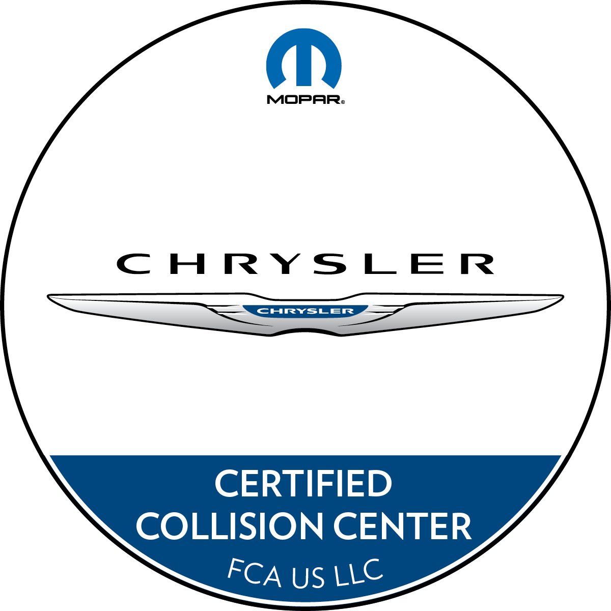 Chrysler Certified Collision Center badge with Chrysler logo and graphics.