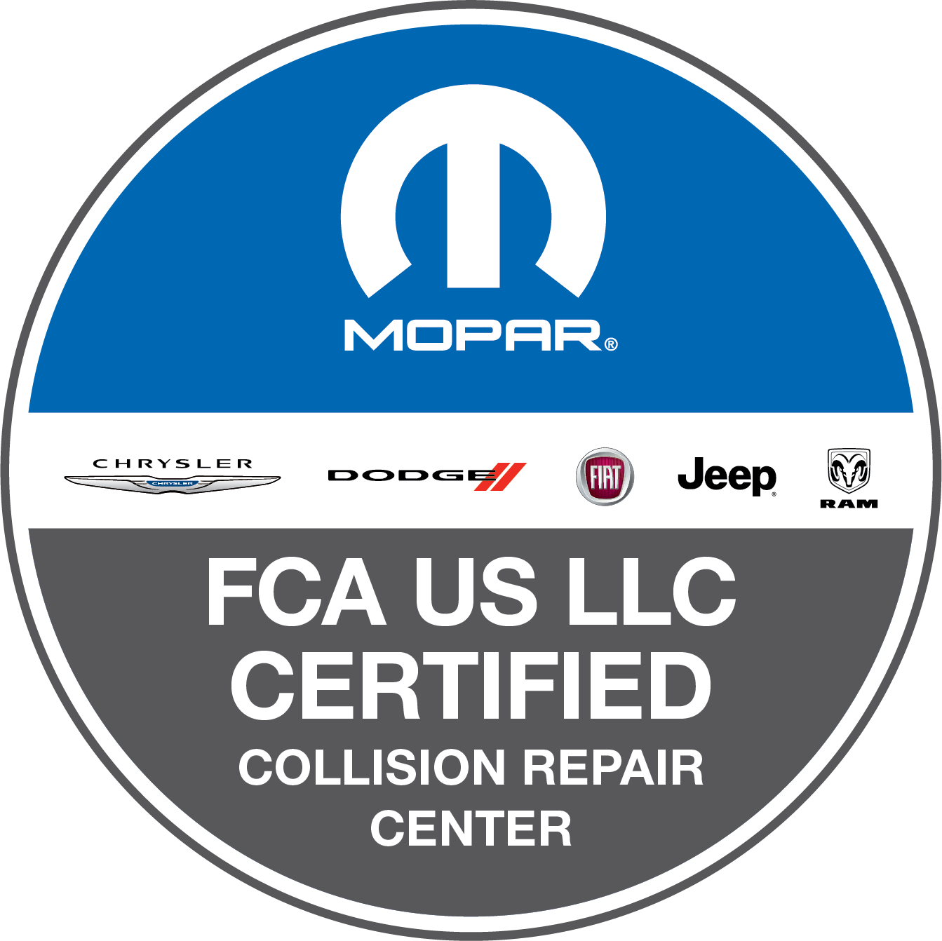 Mopar certified collision repair center logo featuring Chrysler, Dodge, Fiat, Jeep, and RAM brand logos with text FCA US LLC Certified Collision Repair Center.