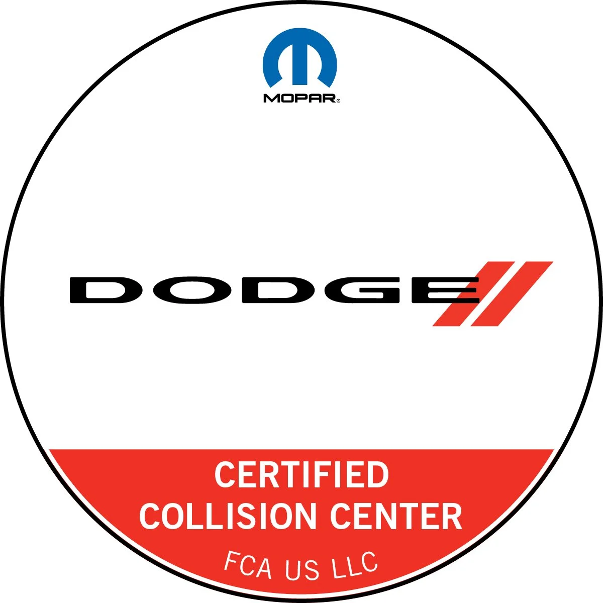 Dodge logo with text indicating a certified collision center, with Mopar logo at the top.