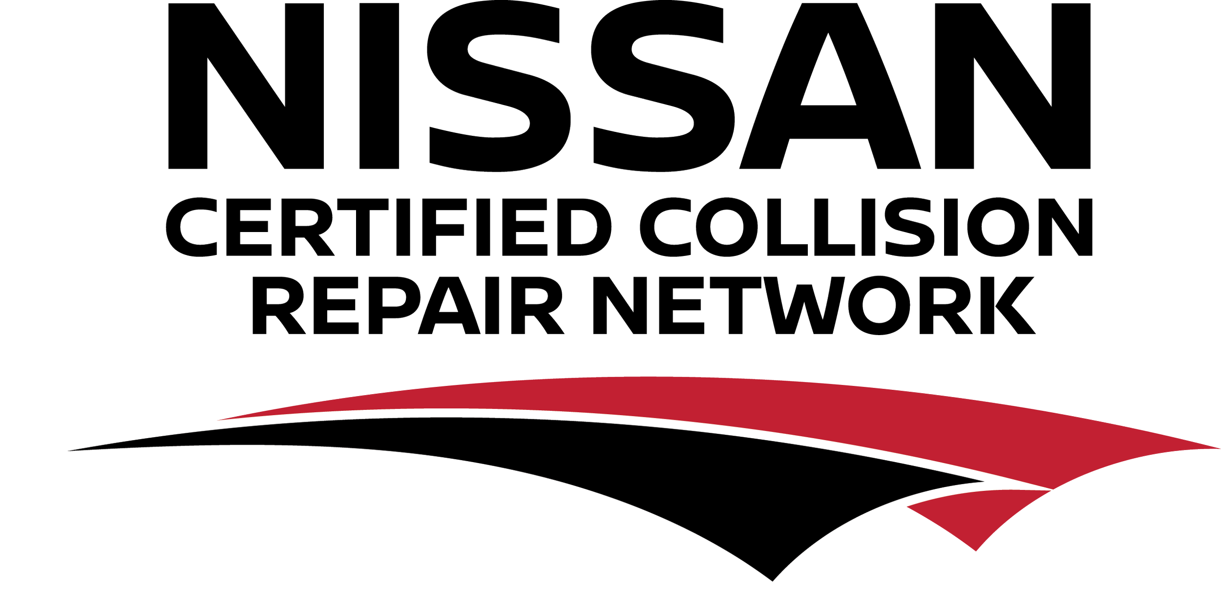 Nissan Certified Collision Repair Network logo with stylized red, black, and white swoosh design.