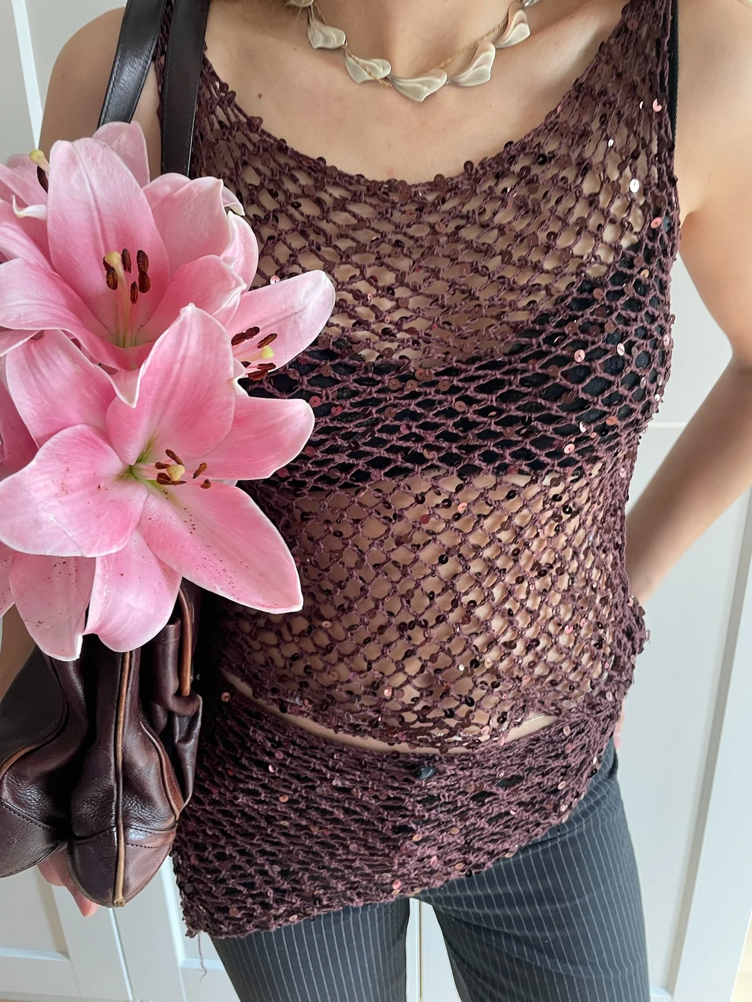sequin mesh top in chocolate brown