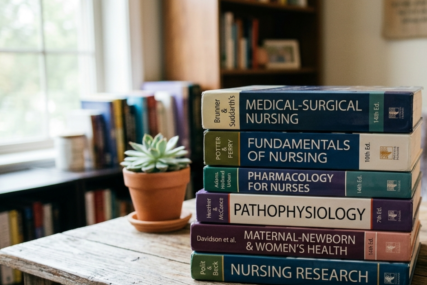 Stack of nursing textbooks including titles on medical-surgical nursing, fundamentals of nursing, pharmacology, pathophysiology, maternal-newborn and women's health, and nursing research, with a small potted succulent plant on a wooden table in a room with bookshelves and a window in the background.