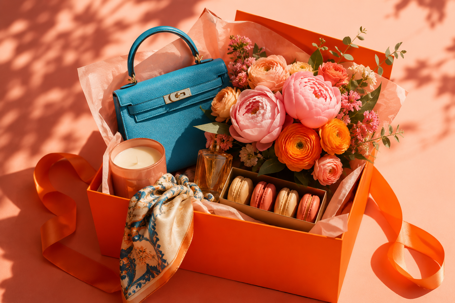 An orange gift box containing a bouquet of pink, orange, and white flowers, a blue handbag, a candle, a small perfume bottle, a box of macarons, a scarf, and a small orange candle.