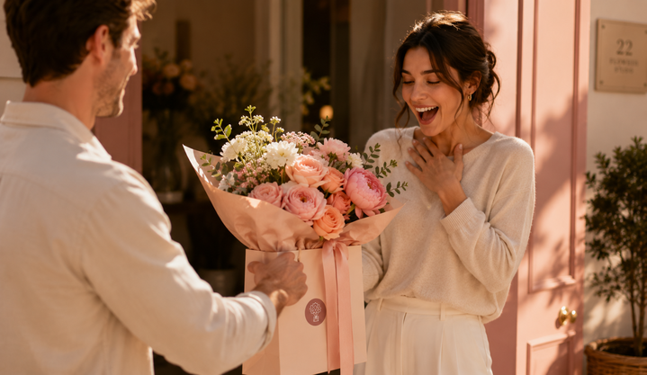 A man giving a woman a large bouquet of pink and cream roses and flowers outside a pink building, both smiling and delighted.