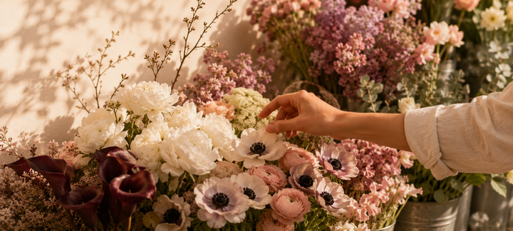 Person arranging pink, white, purple, and green flowers in a bucket.