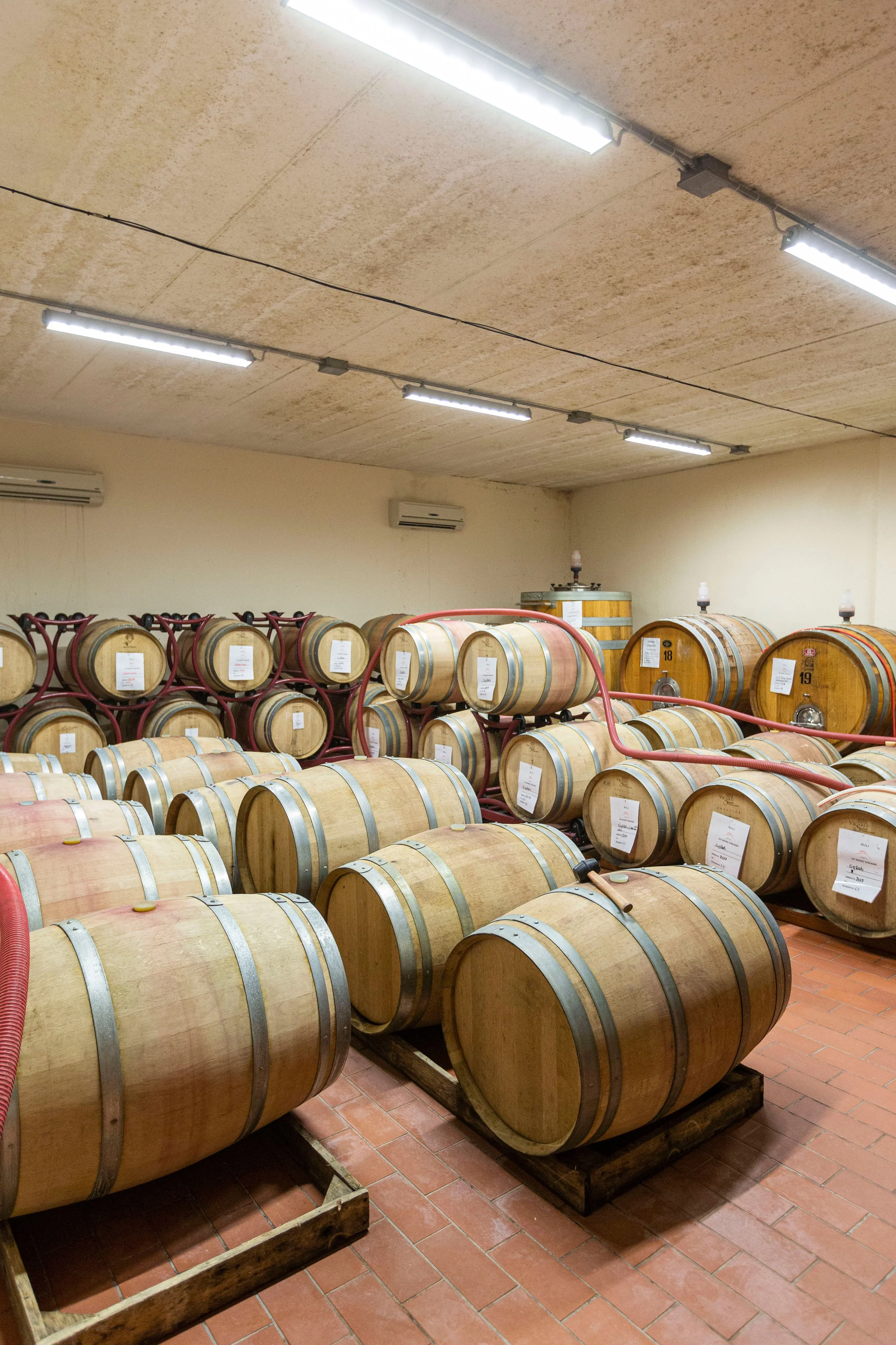 Room with several stacked wooden wine barrels on wooden pallets, some with hoses connected, in a wine cellar. The ceiling has fluorescent lights and air conditioning units.